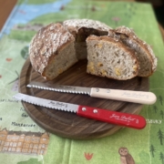 Jean Dubost Wood Handle mIni Bread Knife and Wood Cutting board