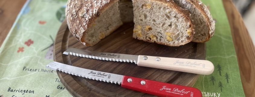 Jean Dubost Wood Handle mIni Bread Knife and Wood Cutting board